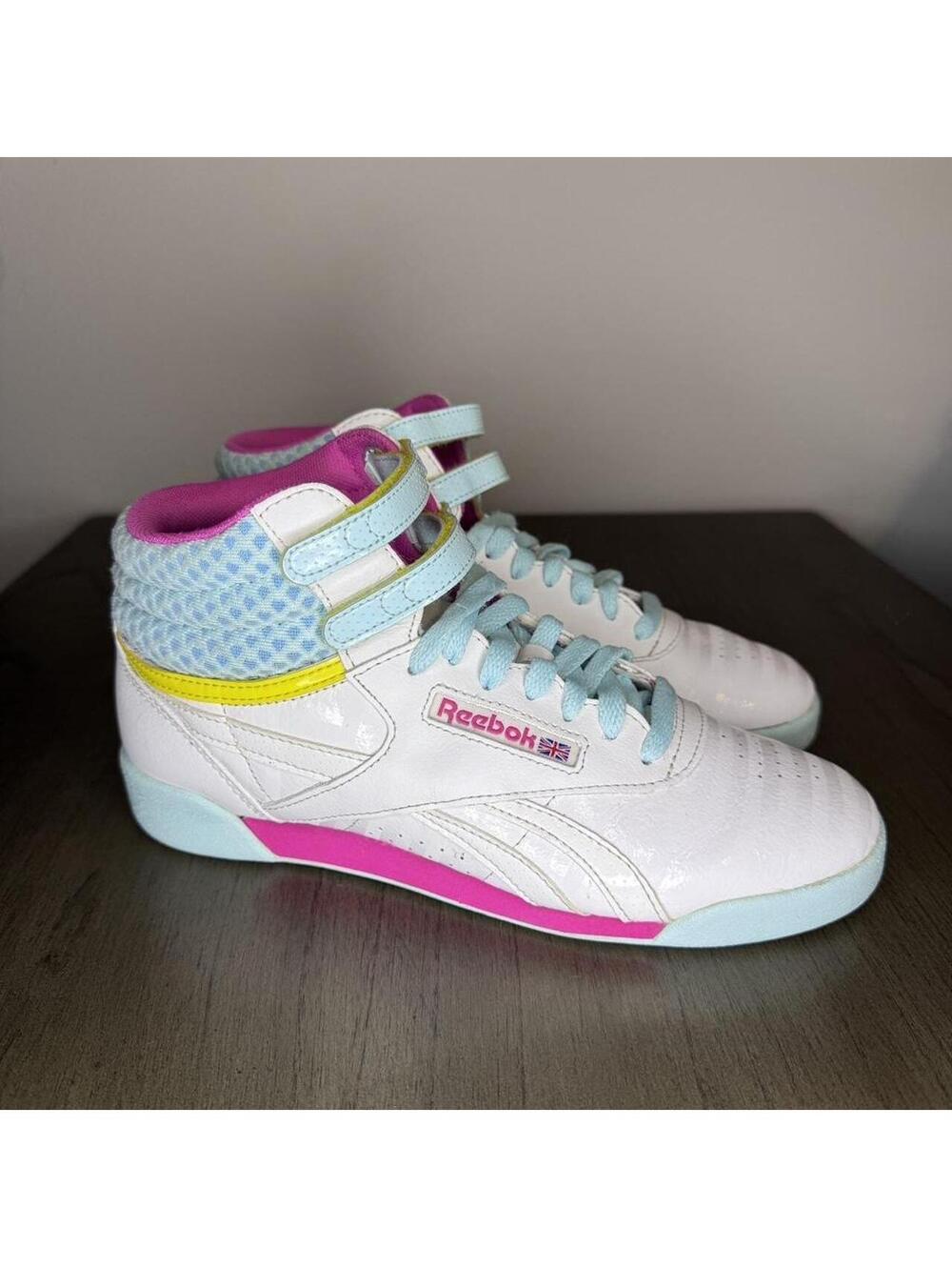 Reebok Classic High-Top Sneakers in White with Pink, Blue, and Yellow Accents